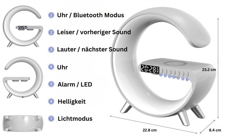 ChromaLux | Multifunktionale G-förmige LED Lampe mit Bluetooth Wireless Lautsprecher Atmosphäre Uhr Wecker Ladestation - KIIRA General Store