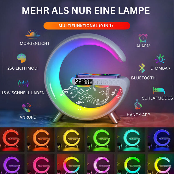 ChromaLux | Multifunktionale G-förmige LED Lampe mit Bluetooth Wireless Lautsprecher Atmosphäre Uhr Wecker Ladestation - KIIRA General Store